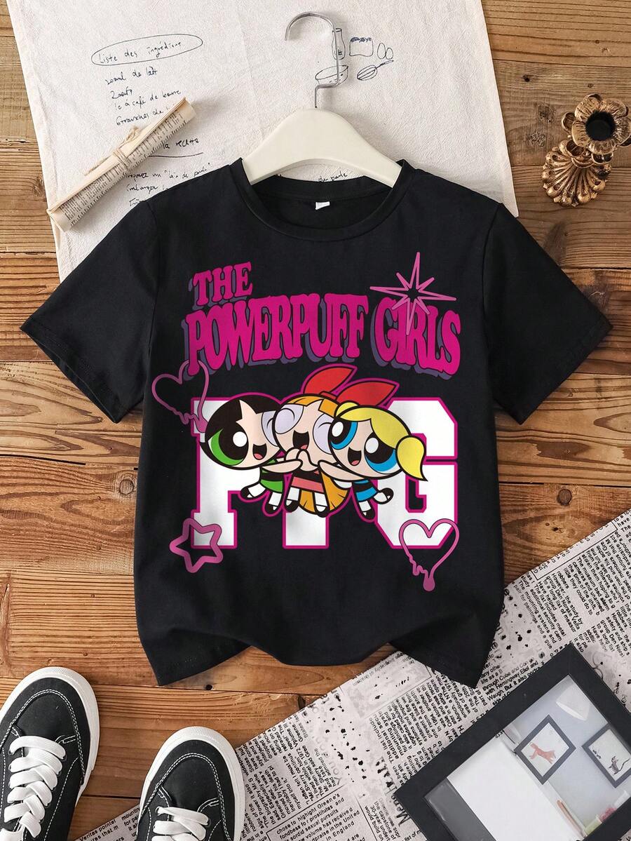 THE POWERPUFF GIRLS X SHEIN Tween Girl Casual Everyday Versatile Cute Cartoon Letter Graphic Short Sleeve Black T-Shirt, Summer - White - View 1