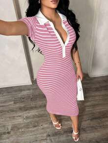 SHEIN SXY 女士休闲条纹Polo衫连衣裙，针织弹力修身中长连衣裙，法式优雅连衣裙 - 粉色 - 查看 3