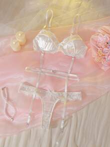 DelicateAllure 2pcs Women Lace Eyelash Patchwork Satin Ribbon Heart Contrast Color Set Wedding Lingerie For Bride White Lace Lingerie Lingerie For Women Adult - White - View 5