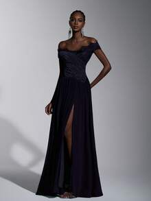 Elitara Elegant Luxury Textured Off-Shoulder Lash Lace Trim Ruched Maxi A-Line Dress, Evening Gown, Lightweight Mesh Dress, Valentine's Day - Navy Blue - View 6