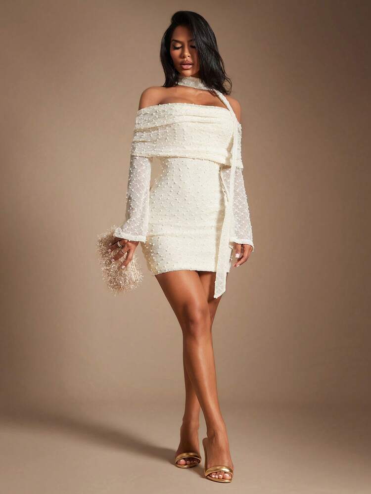 Radiana Women's Apricot Halter Mini Bodycon Party Dress Ruched Knitted Fabric With Split Wrist-Length Sleeves And Pencil Hem Design Elegant Style - Apricot - View 2