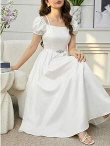 女童优雅缎面长裙，正式阿巴雅长袍，闪亮迷人设计，适合生日派对、正式庆典等场合，高端优雅礼服 - 白色 - 查看 8