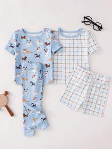 SHEIN GraphicGems Bộ đồ ngủ 4 món ôm sát cho bé trai, áo tay ngắn in hình chó hoạt hình dễ thương và quần dài, áo tay ngắn in họa tiết kẻ caro và quần short, bộ đồ ngủ. - Nhiều màu - Xem 5