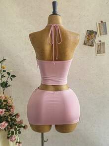 Soleia 女士度假休闲套装，春夏款 - 粉色流苏亮片吊带上衣搭配同款低腰亮片迷你裙两件套，适合海滩、邮轮、度假村等场合。 - 粉色 - 查看 2