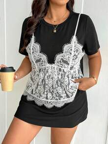 Lounesse Plus Size Elegant Lace Patchwork Round Neck Short Sleeve T-Shirt - Black - View 5
