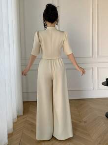 Celisse Women's Elegant Commuter Button-Up Shirt And Wide Leg Pants 2 Pieces Set - Apricot - View 2