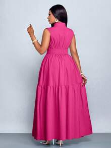 SOLERSUN 加大码蓝色立领前开襟无袖束腰系带连衣裙女式优雅休闲时尚通勤外出连衣裙夏季新款女装 - 玫紅色 - 查看 2