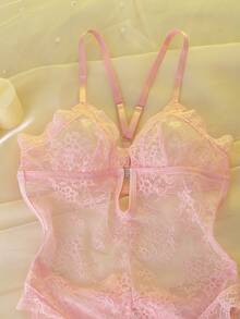 DelicateAllure 情人节粉色蕾丝拼接蝴蝶结露裆深V透视迷人优雅性感女士内衣 - 粉色 - 查看 6
