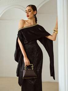 ZEYLAH Women's Asymmetrical Neckline Ribbon Design Sense Cloak Sleeve Cinched Waist Long Dress, Suitable For Party And Banquet - Black - View 6