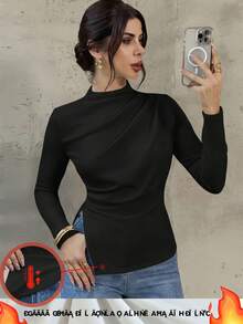 Firerie Women's New Design Sense Mock Neck Long Sleeve T-Shirt, Fashionable And Elegant Fitted Undershirt For Autumn/Winter, Side Slit Casual Top, Coffee Color Long Sleeve T-Shirt, Knitted Stretchy Fabric Top, Suitable For Spring, Autumn And Winter, Elegant, Commute, Casual, Daily, Minimalist, Work Wear - Black - View 8