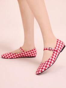 CUCCOO DOLLMOD Round Toe Comfortable Pink Bow Fashionable And Elegant Women's Flat Shoes Spring Shoes Spring Break Easter Valentine's Day - Big red white plaid - View 5