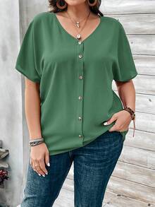 EMERY ROSE Plus Size Women's Orange Button Embellished Short Sleeve Shirt For Spring Plus Size Button Down Shirt Plus Size Summer Shirt Plus Size Casual Tops - Green - View 3