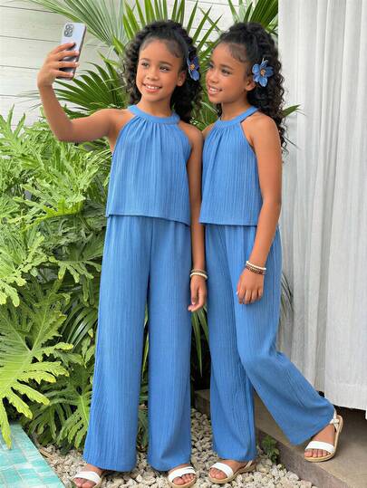 Tween Girls Beach Vacation Basic Halter Shirt + Loose 3/4 Pants Floral 2 Pieces Set
