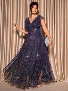 Cravure Stunning Purple Glitter Plus Size Maxi Dress With V Neck Flounce Short Sleeves A Line Fit For Evening Parties - Purple - View 4