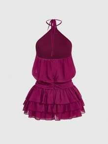 ROMWE 性感露背吊带多层裙摆迷你连衣裙 - 紫色 - 查看 6