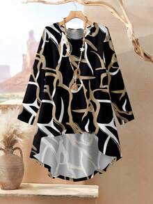 Rusticease 大码女式几何花卉印花两件套休闲装，宽松长袖上衣和裤子，适合秋冬季 - 黑色 - 查看 4