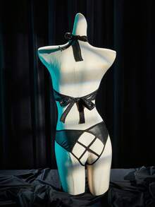 SpicyHot 2pcs Women's Valentine's Day PU Lace-Up Sexy Lingerie Set - Black - View 5