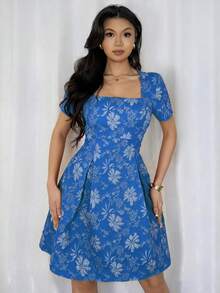 Rafferiza 女士优雅方领提花腰部褶裥短袖A字迷你连衣裙 - 寶藍色 - 查看 3