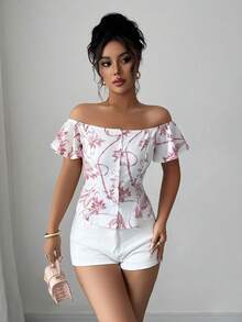 Elenzga 女士夏季度假风印花露肩荷叶边衬衫 - 粉色 - 查看 3