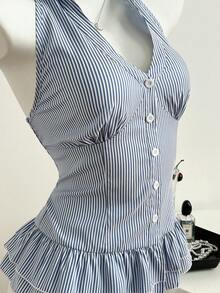 Elamini Blusa de mujer con cuello con volantes, diseño creativo - Azul - Ver 4