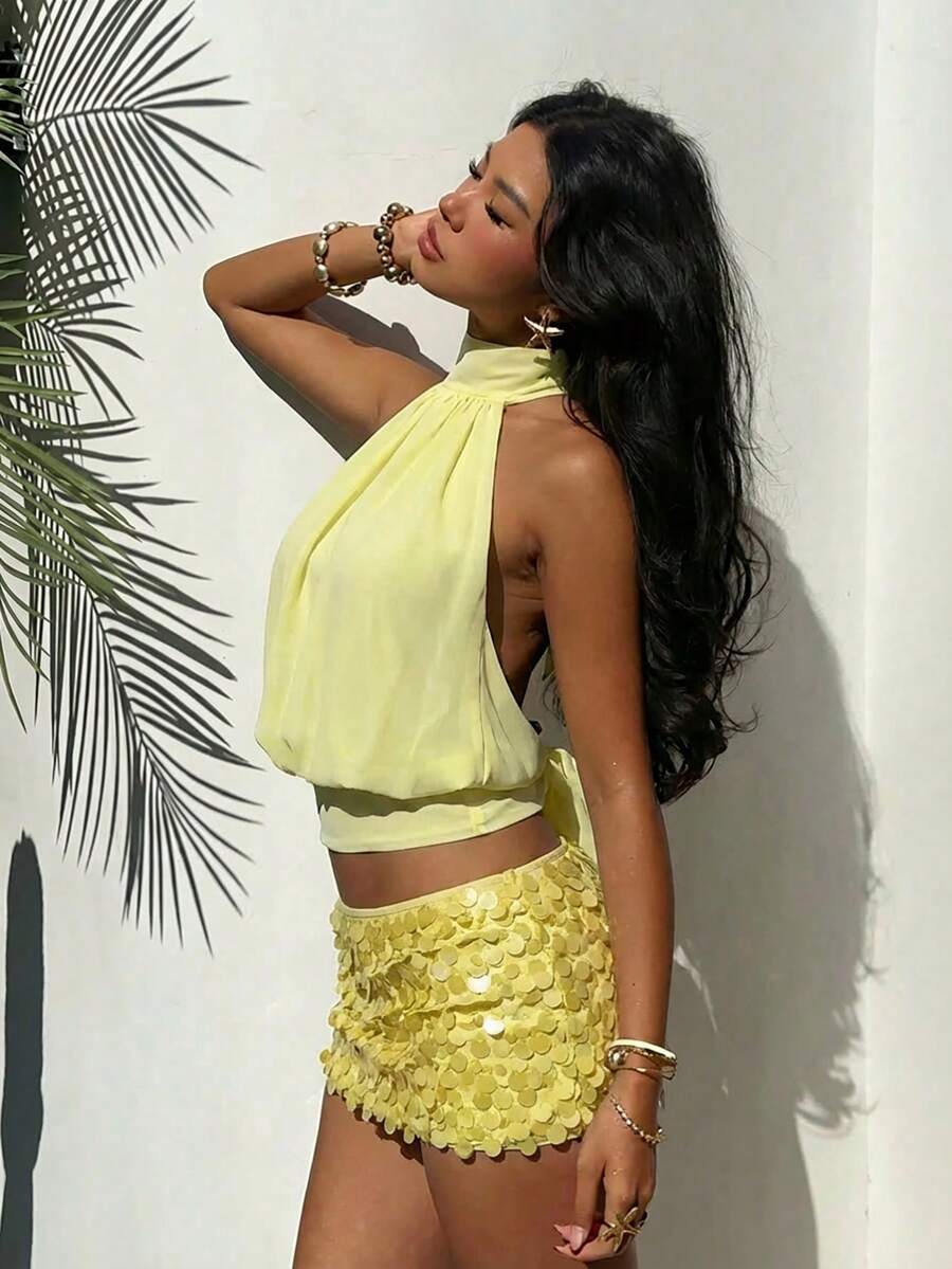 Aloruh Women's Yellow Chiffon Halter Tie Back Blouse, Spring/Summer - Yellow - View 1