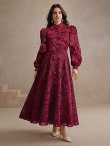 Anewsta 女士秋季立领灯笼袖收腰网纱花卉刺绣优雅连衣裙，适合感恩节、圣诞节等主题场合穿着 - 酒紅色 - 查看 6