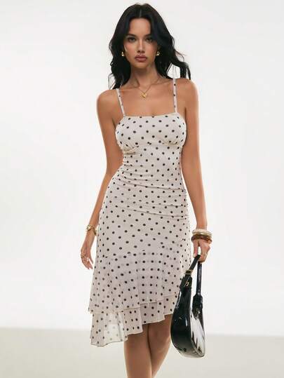 Poéselle Vestido de tirantes de mujer con estampado de lunares, volantes asimétricos y dobladillo fruncido