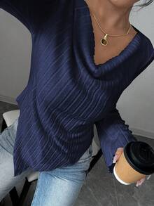 Selianne 女士纯色喇叭袖优雅罗纹T恤 - 藏蓝色 - 查看 3