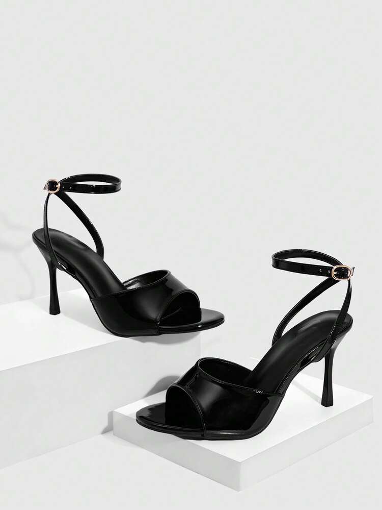 CUCCOO SZL Women's Shoes Fashion Round Toe Black Patent Leather Sexy Elegant Evening Party Style Fine Heel High Heel Sandals Prom Heels