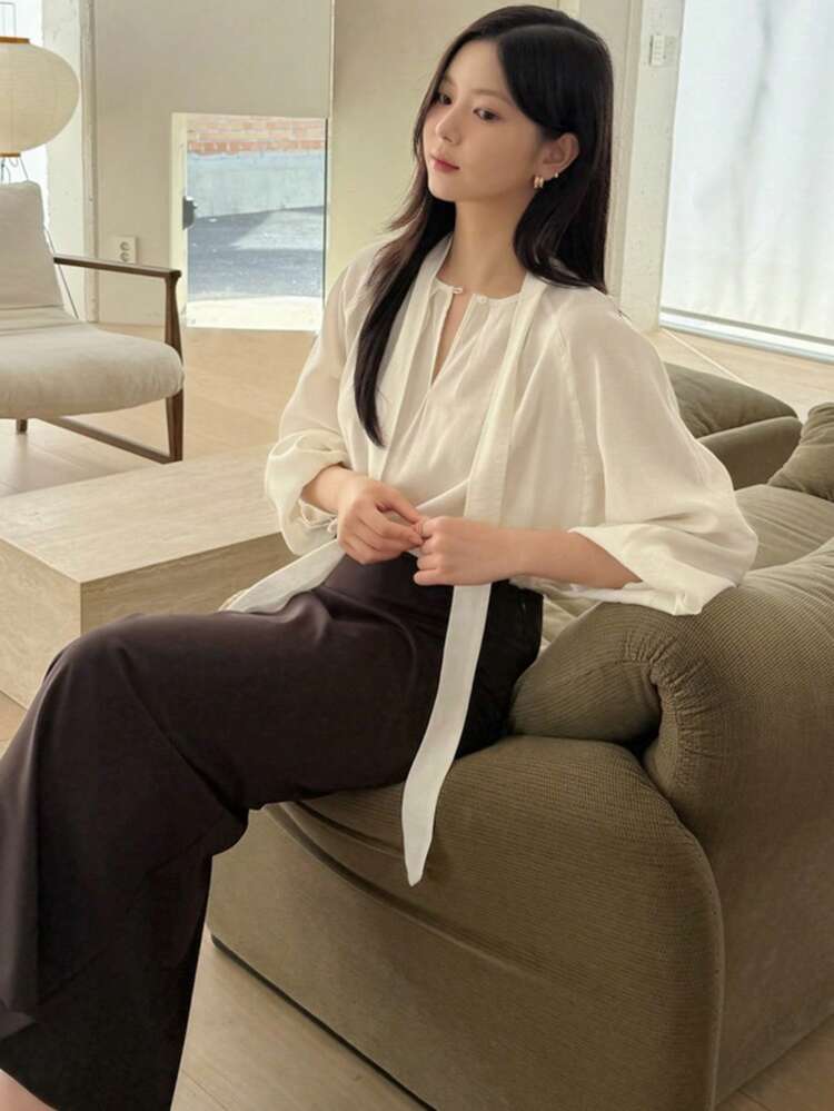 Flared Sleeve Casual Blouse For Women, Stylish & Versatile Slim Fit Shirt