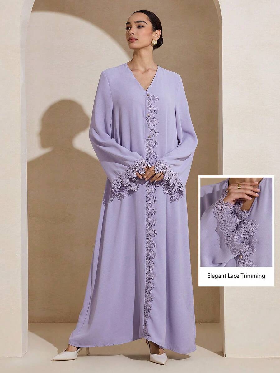 Graceveil Women's Solid Color Minimalist Long Sleeve Abaya Dress, Everyday Wear - Purple - View 1