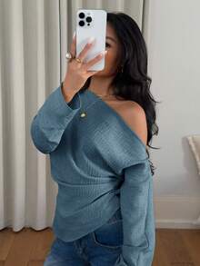 Siren Gaze 女士休闲日常通勤度假纯色纹理面料不对称领收腰上衣，春夏秋季 - 霧霾藍 - 查看 3
