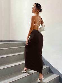 SHEIN Essnce 女士纯色高腰修身直筒裙 - 棕色 - 查看 5