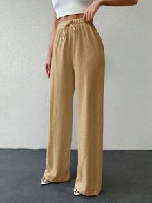 SHEIN Tall Tall Cottonline Knot Solid Color Casual Women's Pants - Brown - View 4