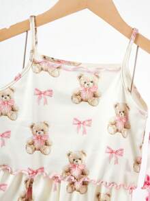 4pcs Girls Cute Bear & Bow Print Camisole & Shorts Pajama Set - Multicolor - View 4