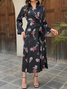 DAZY Damen Kleid mit V-Ausschnitt, tailliert, Langarm, Blumendruck, Sommerkleid für Frauen - Schwarz - Übersicht 6