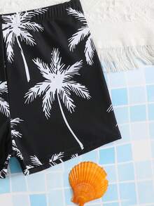 SHEIN 3件套少女椰树印花泳衣套装，包括罩衫、针织吊带背心和短裤，适合游泳、夏季、度假和海滩穿着。 - 黑與白 - 查看 7