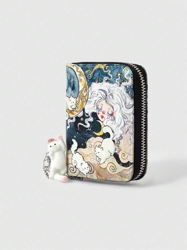 ROMWE Kawaii Sparkly Blue Adorable Cat Short Wallet With Cat Pendant - White-haired Girl - View 2