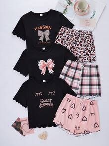 SHEIN 6pcs Girls Leopard Lip Print Top, Avocado Print Pants, Cartoon Bear Print Shorts Set, Casual Pajamas - Black - View 3