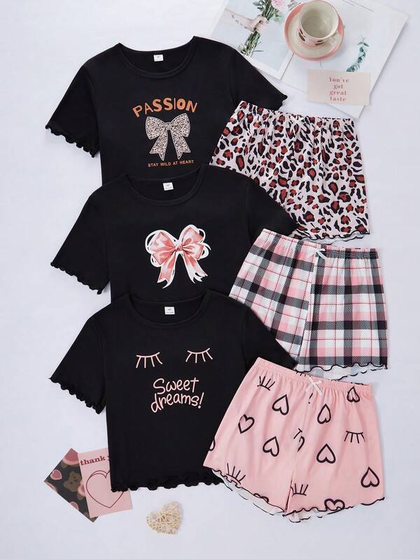 SHEIN Bộ đồ ngủ 6 món cho bé gái: Áo in hình môi báo, quần in hình quả bơ, quần short in hình gấu hoạt hình, kiểu dáng thường ngày.