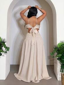 Slaydiva Women's Plus Size Beige Summer Boho Vacation Holiday 2 Pieces Set, Camisole Crop Top With Back Tie&Layered Ruffle Hem A-Line Skirt Outfit Sets - Khaki - View 3