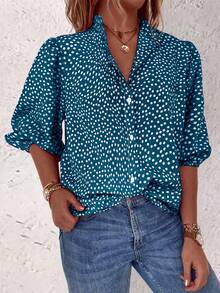 EMERY ROSE 花卉图案单扣休闲日常中袖衬衫，适合新年穿着 - 霧霾藍 - 查看 4