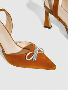 CUCCOO SZL Women's Caramel Pointed Toe Stiletto High Heels, Rhinestone Bow Tie Ankle Strap Faux Suede Pumps For Work And Party Valentine's Day - caramel color - View 6