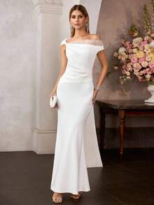 MOTF Soiréza ASYMMETRICAL SHOULDER LACE TRIM RUCHED WAIST MERMAID HEM COCKTAIL DRESS - White - View 4