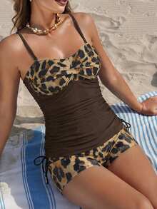 Swim Lushoire 女士豹纹交叉结吊带比基尼泳衣套装，抽绳褶皱修身泳衣，动物纹背心和沙滩短裤 - 彩色 - 查看 1