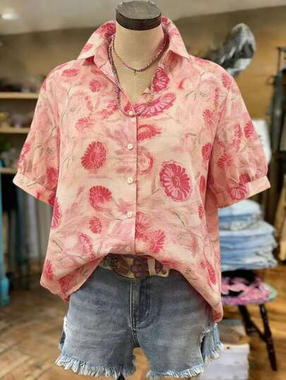EMERY ROSE 2026 Plus Size Women's Summer New Arrival: Artistic Print Breathable Pink Floral Collared Sleeve Plus Size Shirt Suitable For Spring And Summer Wear