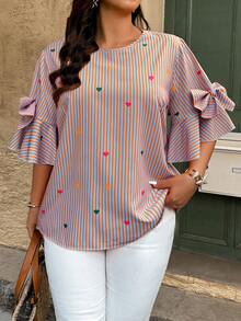 SHEIN LUNE Plus Size Women Summer Casual Vacation Valentine's Day Date Colorful Heart Striped Print Ruffle Sleeve Bow Decor Loose Blouse - Multicolor - View 3