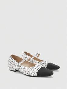 CUCCOO BIZCHIC Women's New Gray French Low Heel Pointed Toe Simple Fashionable Knitted Mary Jane Shoes For Christmas Spring Shoes - Beige grid - View 7