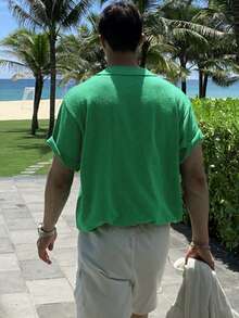 DAZY 男士纯绿色 Polo 领短袖针织衫，夏季 - 綠色 - 查看 2