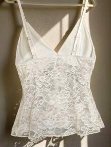 Lace Patchwork Knotted Solid Color Casual Camisole Top - White - View 8